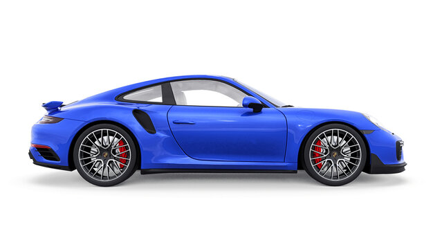 Paris, France. March 14, 2021: Porsche 911 Turbo S 2016 blue sports car coupe isolated on white background. 3d rendering.