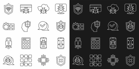 Set line Shield with cross mark, Mobile and face recognition, System bug, cloud, Head shield, Firewall, security wall, WiFi wireless and Check in speech bubble icon. Vector