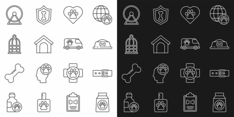 Set line Bag of food, Collar with name tag, Pet bowl, Heart animals footprint, Dog house, Cage for birds, Hamster wheel and Veterinary ambulance icon. Vector