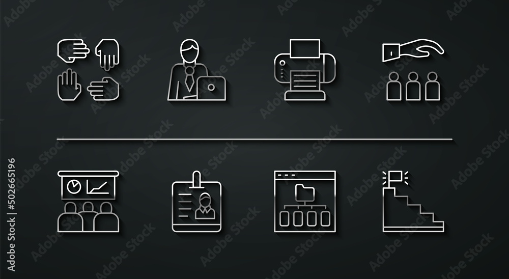 Poster Set line Project team base, Training, presentation, Boss with employee, Browser files, Identification badge, Businessman, Stair finish flag and Printer icon. Vector