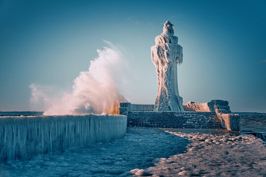 icy lighthouse in stormy weather in Sassnitz Ruegen