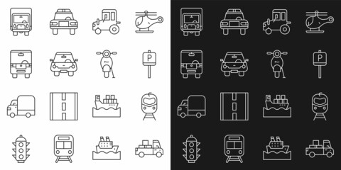 Set line Delivery truck, Train and railway, Parking, Tractor, Car, Bus, cargo and Scooter icon. Vector