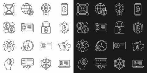 Set line Mining bitcoin from laptop, Piggy bank, Shield with, Bitcoin, browser, Cryptocurrency exchange, Blockchain technology and Lock icon. Vector