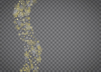 Isolated snowflakes on horizontal transparent grey background. Gold glitter snow. Winter sales, Christmas and New Year design for party invitation, banner, sale. Magic crystal isolated snowflakes.
