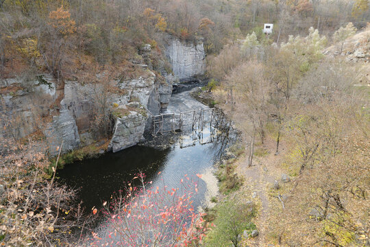Granite rocks of Bukski Canyon with the Girskyi Tikych River. Picturesque landscape and beautiful place in Ukraine