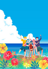Obraz na płótnie Canvas 海と若者男女　夏　旅行　人物フラットイラスト　vacation at sea.