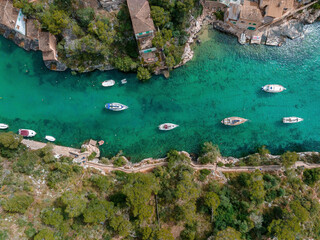 Aerial view of the Porto Colom fishing village in Majorca, Spain. © Aerial Film Studio