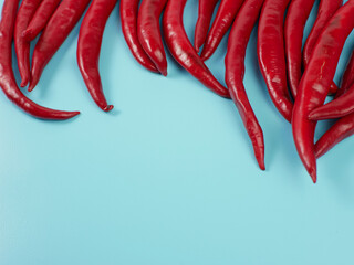 Chili peppers isolated on blue background. Red hot chili peppers as an ingredient of Asian and...