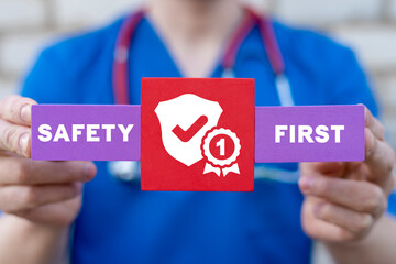 Safety First Medical Pharmaceutical Concept. Safety health regulations and standards in health care.