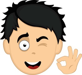Vector illustration of the face of a cartoon man making an ok or perfect gesture with his hand and winking an eye