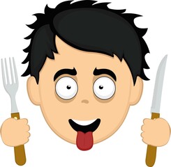 Vector illustration of the face of a hungry cartoon man, with his tongue out, with a knife and fork in his hands
