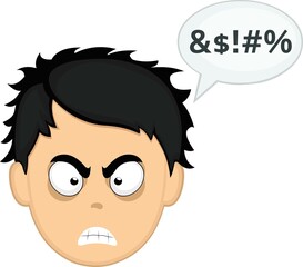 Vector illustration of a cartoon man face with an angry expression and a speech bubble with an insult text


