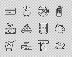 Set line Shopping cart and dollar, Broken piggy bank, No money, Pos terminal, Credit card, Gold bars, ATM and Piggy with coin icon. Vector