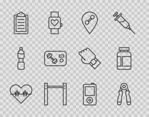 Set line Heart rate, Sport expander, Location gym, Horizontal bar, training program, Fitness club, card, Music player and Sports nutrition icon. Vector