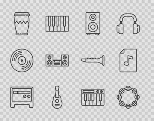 Set line Guitar amplifier, Tambourine, Stereo speaker, Drum, Home stereo, Music synthesizer and book with note icon. Vector © Kostiantyn