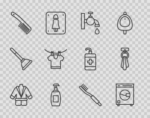 Set line Bathrobe, Washer, Water tap, Bottle of liquid soap, Hairbrush, Drying clothes, Toothbrush and Towel on hanger icon. Vector