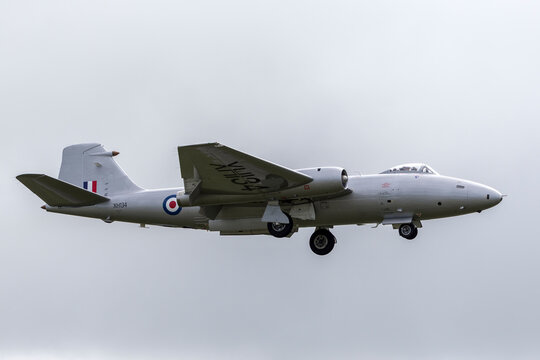 RAF Waddington, Lincolnshire, UK - July 7, 2014: Former Royal Air Force English Electric Canberra PR.9 photographic reconnaissance aircraft G-OMHD operated by Midair Squadron.