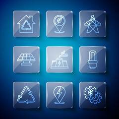 Set line Recycle symbol, Lightning bolt, Leaf plant gear machine, Electric tower, Power station factory, Solar energy panel, Eco House with recycling and LED light bulb icon. Vector