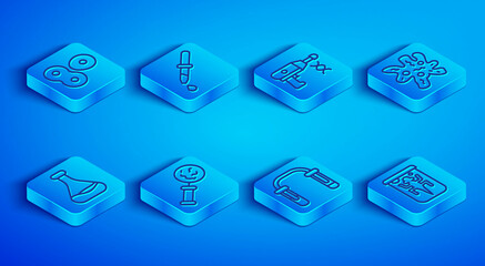 Set line Cell division, Pipette, Transfer liquid gun, Microorganisms under magnifier, Test tube and flask, and Experimental animal icon. Vector