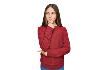 Beautiful brunette little girl wearing casual sweater with hand on chin thinking about question, pensive expression. smiling with thoughtful face. doubt concept.