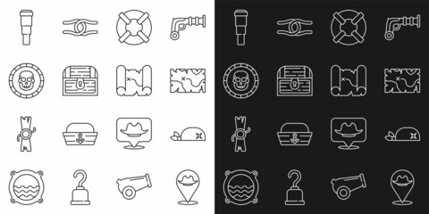 Set line Location pirate, Pirate bandana for head, treasure map, Lifebuoy, Antique chest, coin, Spyglass telescope lens and icon. Vector