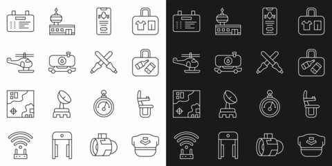 Set line Pilot hat, Airplane seat, Suitcase, Mobile with ticket, Fuel tanker truck, Helicopter, Airport board and Marshalling wands icon. Vector