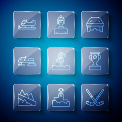 Set line Mountain descent, Award winner podium, Ice hockey sticks, Hockey helmet, Road traffic signpost, Snowmobile, Sled and cup icon. Vector