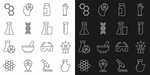 Set line Test tube and flask, Chemical explosion, DNA symbol, formula and icon. Vector