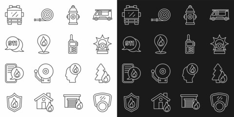 Set line Gas mask, Burning forest tree, Flasher siren, Fire hydrant, Location with fire flame, Telephone call 911, truck and Walkie talkie icon. Vector