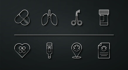Set line Medicine pill or tablet, Healed broken heart, bottle and pills, Location with cross hospital, Digital thermometer, Lungs, Clinical record and Medical scissors icon. Vector