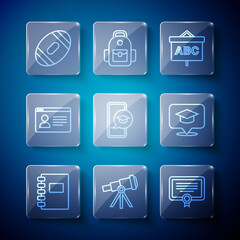 Set line Spiral notebook, Telescope, Certificate template, Chalkboard, Graduation cap on mobile, Online class, American Football ball and speech bubble icon. Vector