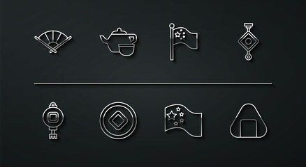 Set line Chinese or japanese folding fan, paper lantern, China flag, Yuan currency, tea ceremony, Sushi and flagpole icon. Vector