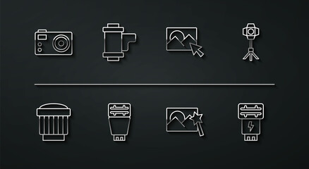 Set line Photo camera, Camera photo lens, Softbox light, retouching, flash, roll cartridge, and icon. Vector