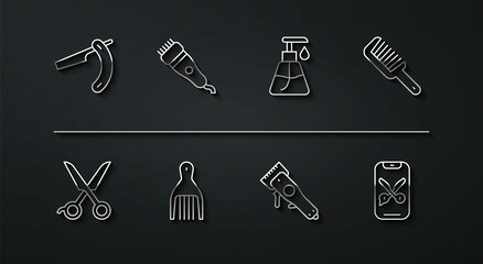 Set line Straight razor, Scissors hairdresser, Hairbrush, Electrical clipper, Barrette, Barber online service platform and Cream cosmetic tube icon. Vector