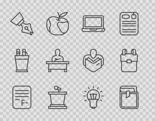 Set line Exam paper with incorrect answers, Book, Laptop, Stage stand, Fountain pen nib, Schoolboy sitting at desk, Light bulb and backpack icon. Vector