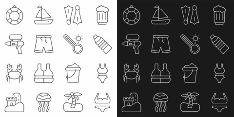 Set line Swimsuit, Bottle of water, Rubber flippers for swimming, Swimming trunks, Water gun, Lifebuoy and Meteorology thermometer icon. Vector