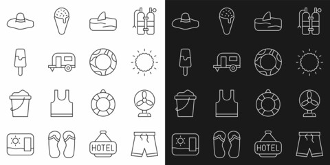Set line Swimming trunks, Electric fan, Sun, Shark fin ocean wave, Rv Camping trailer, Ice cream, Elegant women hat and Rubber swimming ring icon. Vector