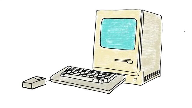Vintage 80s 90s Computer Screen With Keyboard Hand Drawn