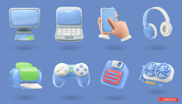 Computer devices. Computer, laptop, smartphone, headphones, printer, game console, floppy disk, video card. 3d render vector icon set