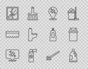 Set line Home cleaning service, Bottle for agent, Air freshener spray bottle, Rubber cleaner windows, Toilet bowl, Brush and Trash can icon. Vector