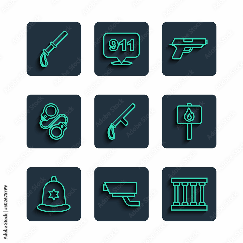 Sticker Set line British police helmet, Security camera, Prison window, Pistol or gun, Police rubber baton, Handcuffs, and Protest icon. Vector