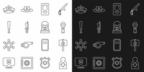 Set line Human target sport for shooting, Protest, Flashlight, Police badge with id case, Military knife, Baseball bat, cap cockade and Flasher siren icon. Vector