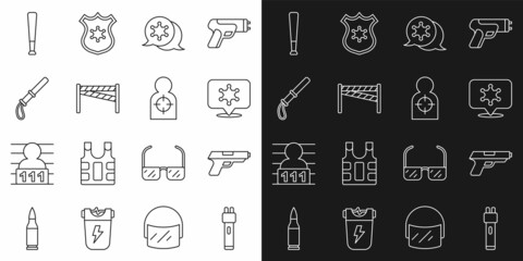Set line Police electric shocker, Pistol or gun, Hexagram sheriff, Crime scene, rubber baton, Baseball and Human target sport for shooting icon. Vector