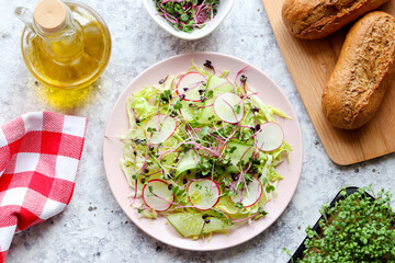Tasty homemade salad with cabbage, cucumber, radish and microgreens. Healthy vegan food. Top view
