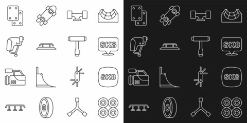 Set line Skateboard wheel, stairs with rail, helmet, Knee pads and T tool icon. Vector