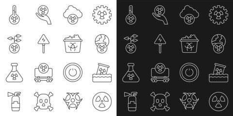Set line Radioactive, waste in barrel, Planet earth and radiation, Acid rain radioactive cloud, High voltage sign, Meteorology thermometer and Infectious icon. Vector