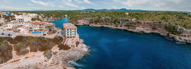 Aerial view, Cala d'es Moro, rocky coast at Cala de s'Almonia, nature reserve Cala Llombards,...