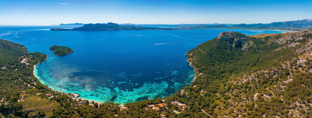 Aerial panoramic view of the beautiful cliffs in Mallorca, Spain.