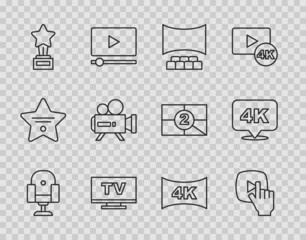 Set line Director movie chair, Online play video, Cinema auditorium with screen, Smart Tv, Movie trophy, Retro cinema camera, Screen tv 4k and Ultra HD icon. Vector