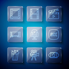 Set line Popcorn in cardboard box, Retro cinema camera, Cinema ticket, Movie clapper, Director movie chair, Smart Tv, Play video and 8k Ultra HD icon. Vector